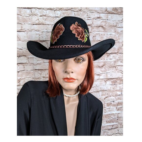SCALA 100% Wool Felt Western Wear Cowgirl Hat Black Pink Rose Applique\' One Size main image 8